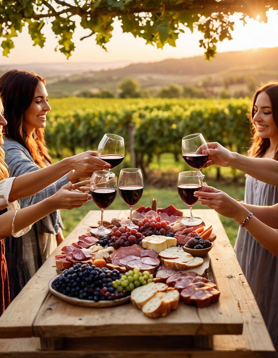 A picturesque vineyard at sunset with lush grapevines rolling over the hills. A group of friends clinking wine glasses filled with rich red wine, laughter and joy on their faces. A rustic wooden table set with a charcuterie board in the foreground, and soft fairy lights hanging above. The warm tones of the sunset creating a magical atmosphere. painterly style. vibrant colors. warm lighting.