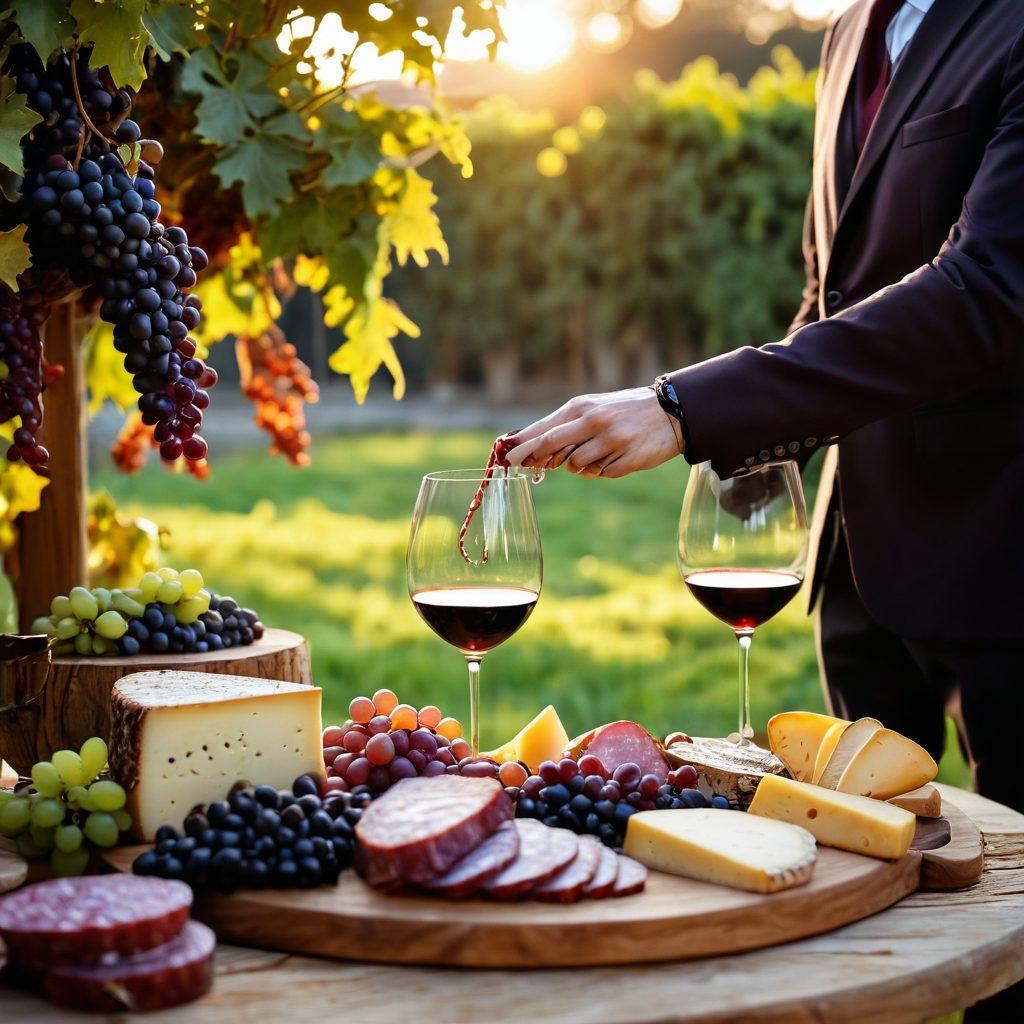 A rustic vineyard under golden sunlight, with grapevines laden with ripe grapes. A sommelier elegantly pouring a deep red wine into a glass, with a beautiful cheese and charcuterie board in the foreground. The atmosphere exudes warmth and celebration, highlighting the joy of winemaking. Rich earthy tones and soft lighting bring a feeling of tranquility. super-realistic. vibrant colors.