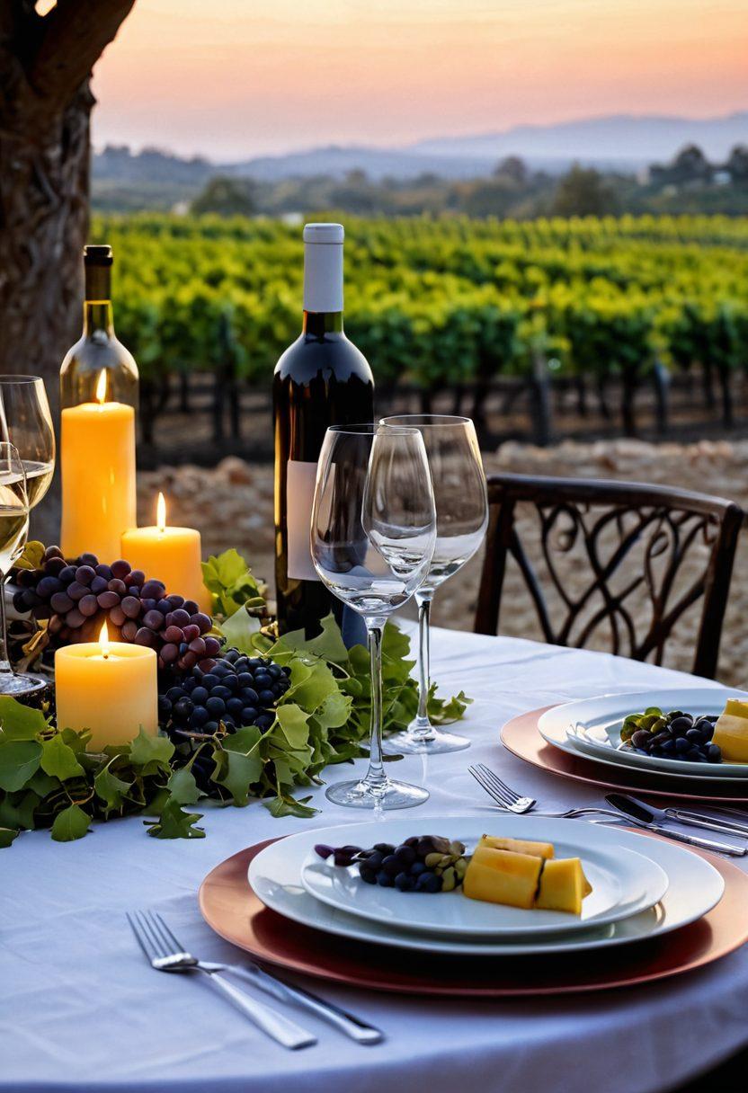 A beautiful dining table set for a gourmet meal, with an exquisite bottle of wine and perfectly paired dishes displayed. Include elegant glassware and colorful, fresh ingredients to highlight the culinary experience. Soft candlelight casts a warm glow, inviting the viewer to indulge in the art of wine pairing. Emphasize a lush vineyard in the background, creating a serene atmosphere of celebration. super-realistic. vibrant colors. soft focus.
